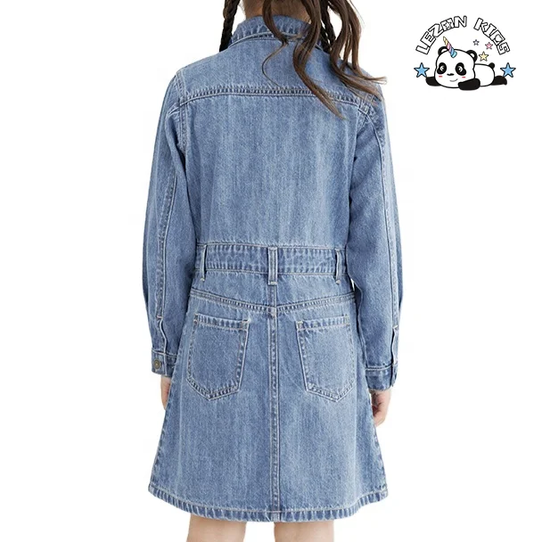 LEZONKIDS - Vestido de Jeans de Uma Peça com Lavagem Retro para Crianças, Tendência Personalizada, Vestido de Jeans Meio Aberto para Meninas